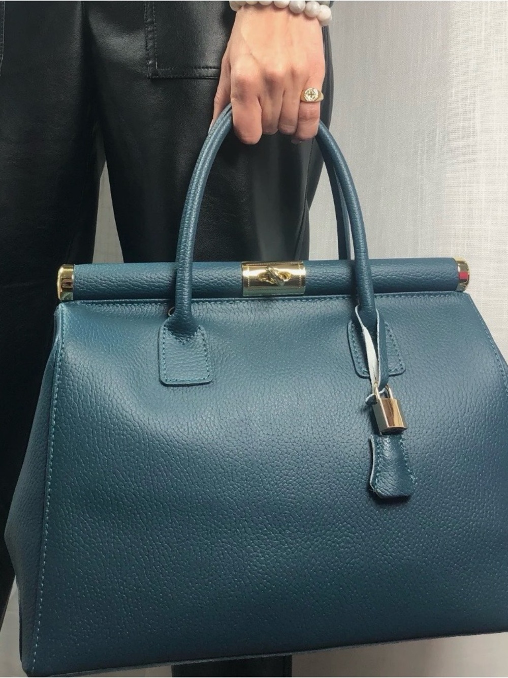 Classic Teal Leather Top-Handle Bag - Oriana Lamarca
